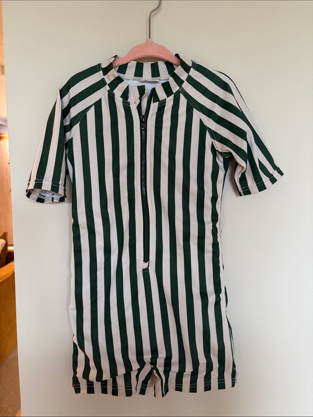 LDIOF Kids Green & White Striped Zip Swimsuit – Size 104/110